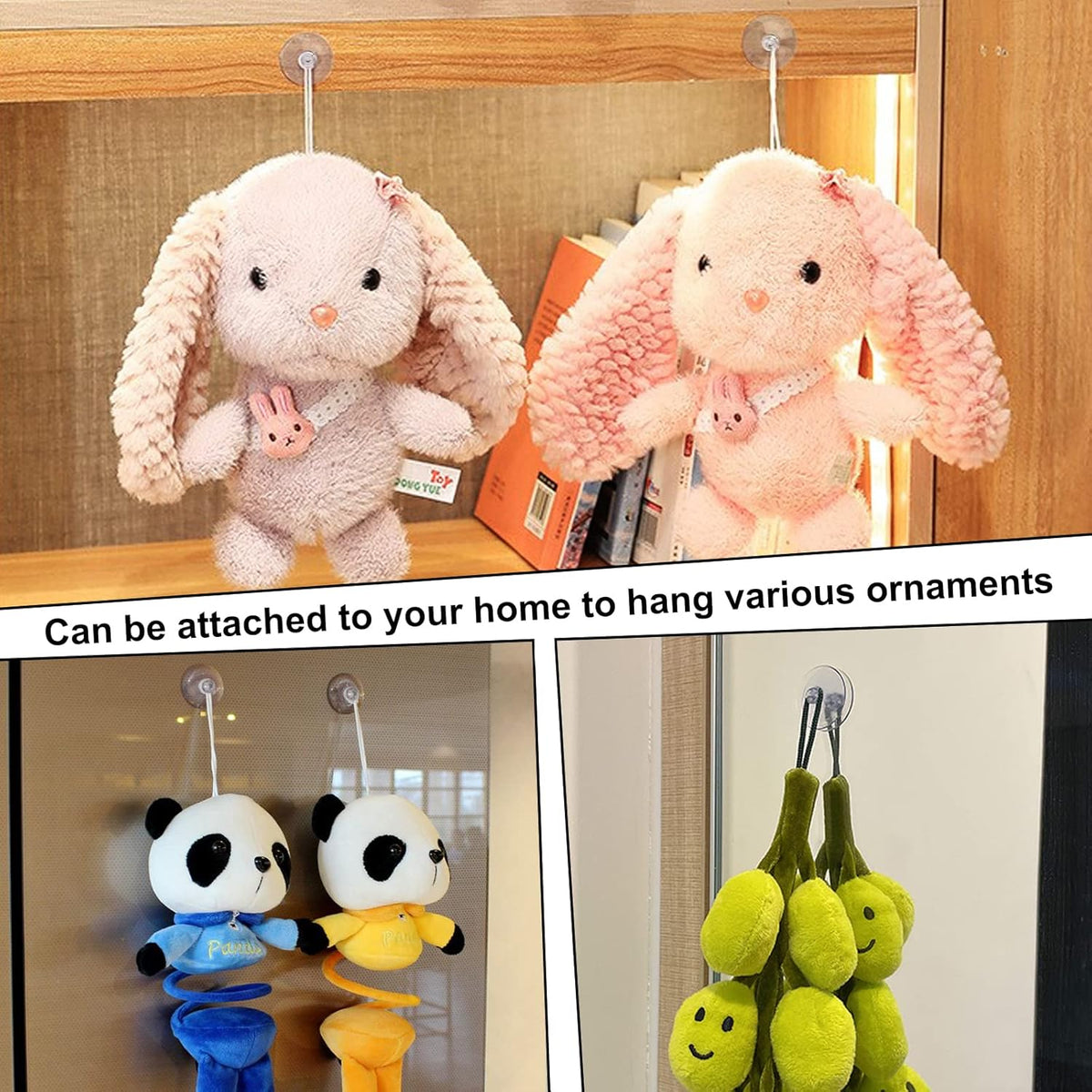 Two pink plush bunnies hang from suction cup hooks on a wooden shelf, with other items hanging below.