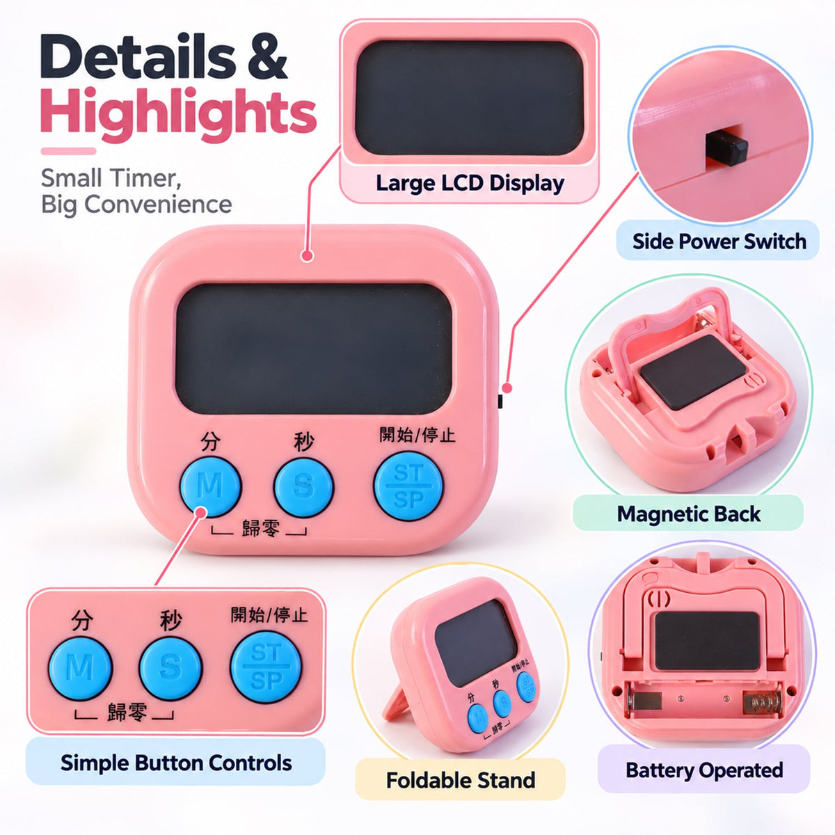 Digital kitchen timer standing on its foldable support