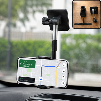 Black and silver car phone holder mounted on a dashboard, displaying a navigation map on a smartphone.