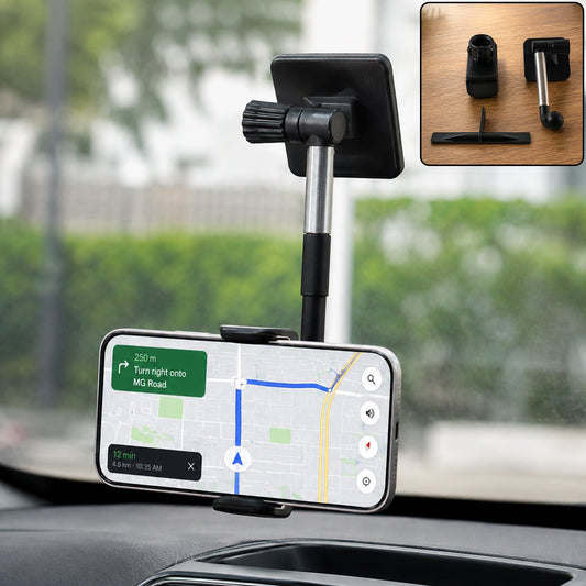 Black and silver car phone holder mounted on a dashboard, displaying a navigation map on a smartphone.