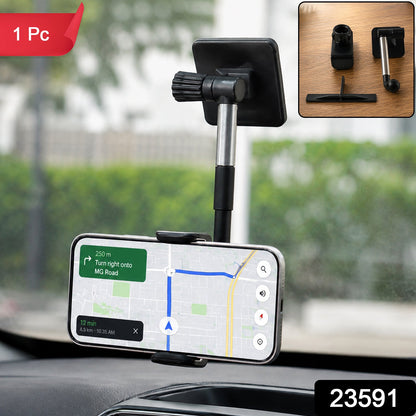 Black and silver car phone holder with a smartphone displaying a map, with a small inset of the holder's components.