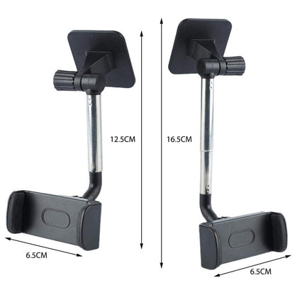 Two views of the black and silver car phone holder, showing its adjustable height with measurements.