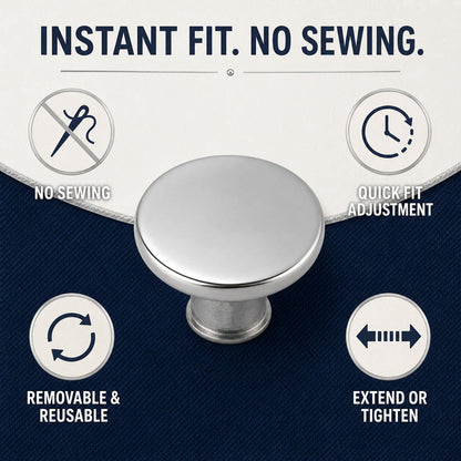 A silver metal button pin surrounded by four icons illustrating its features: no sewing, quick fit, removable, and