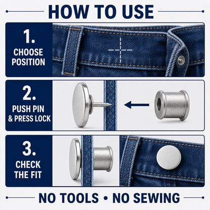 Three steps demonstrating how to use the silver metal button pin on jeans, with text instructions.