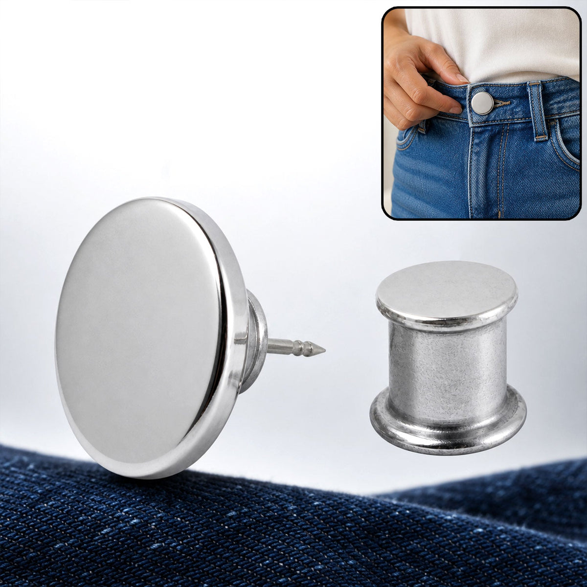 A shiny silver metal button pin with a pointed back and a separate cylindrical lock on a blue fabric surface.
