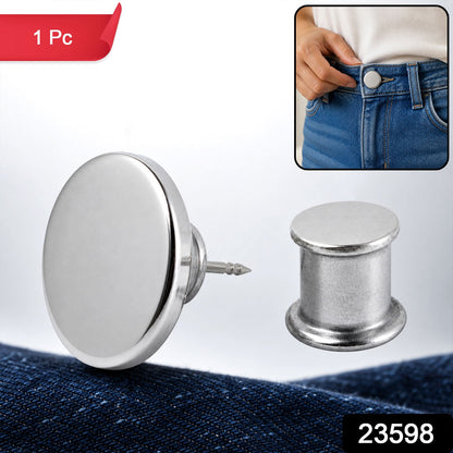A silver metal button pin and lock on blue fabric with a small inset image of a person adjusting jeans.