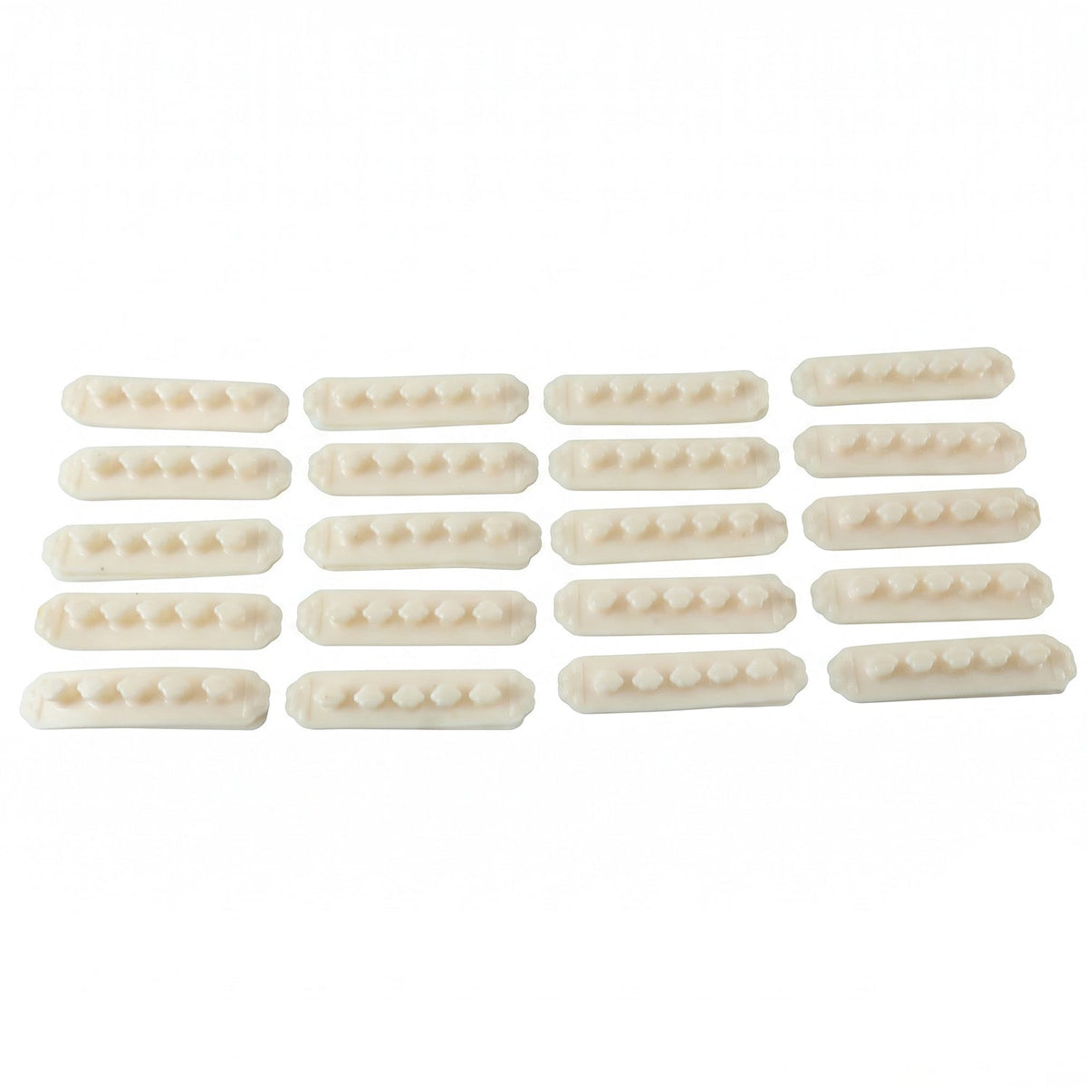 Twenty beige self-adhesive cable organizer clips, each with five flower-shaped holders, arranged in four rows on a white