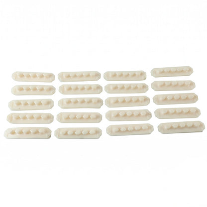 Twenty beige self-adhesive cable organizer clips, each with five flower-shaped holders, arranged in four rows on a white