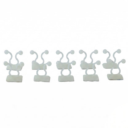 Five white plastic self-adhesive plant clips are arranged in a row on a plain white background.