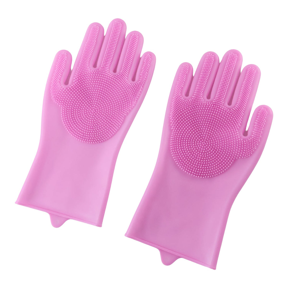 A pair of pink silicone scrubbing gloves with textured palms displayed on a plain white background.