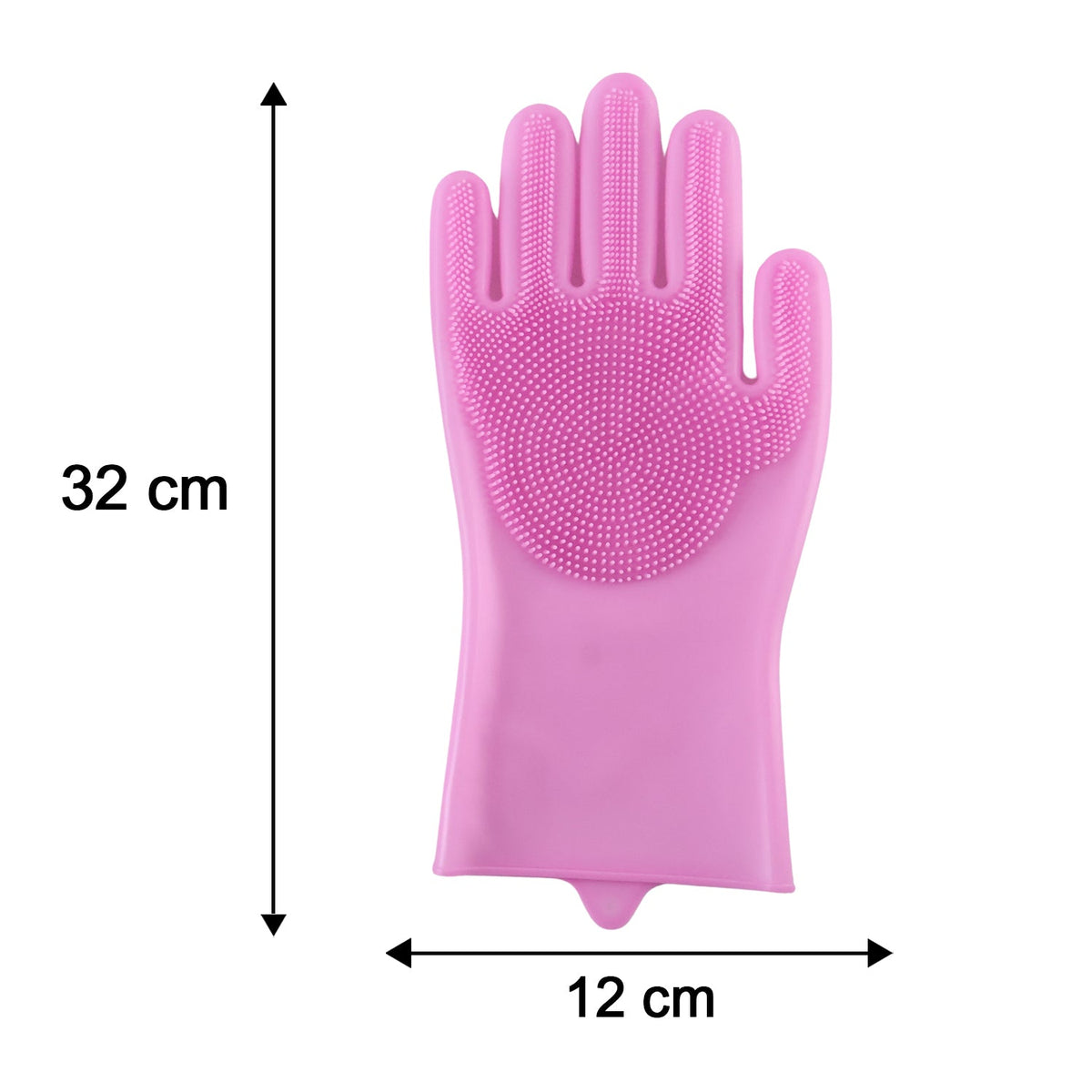 A single pink silicone scrubbing glove with dimensions indicated: 32 cm length and 12 cm width.