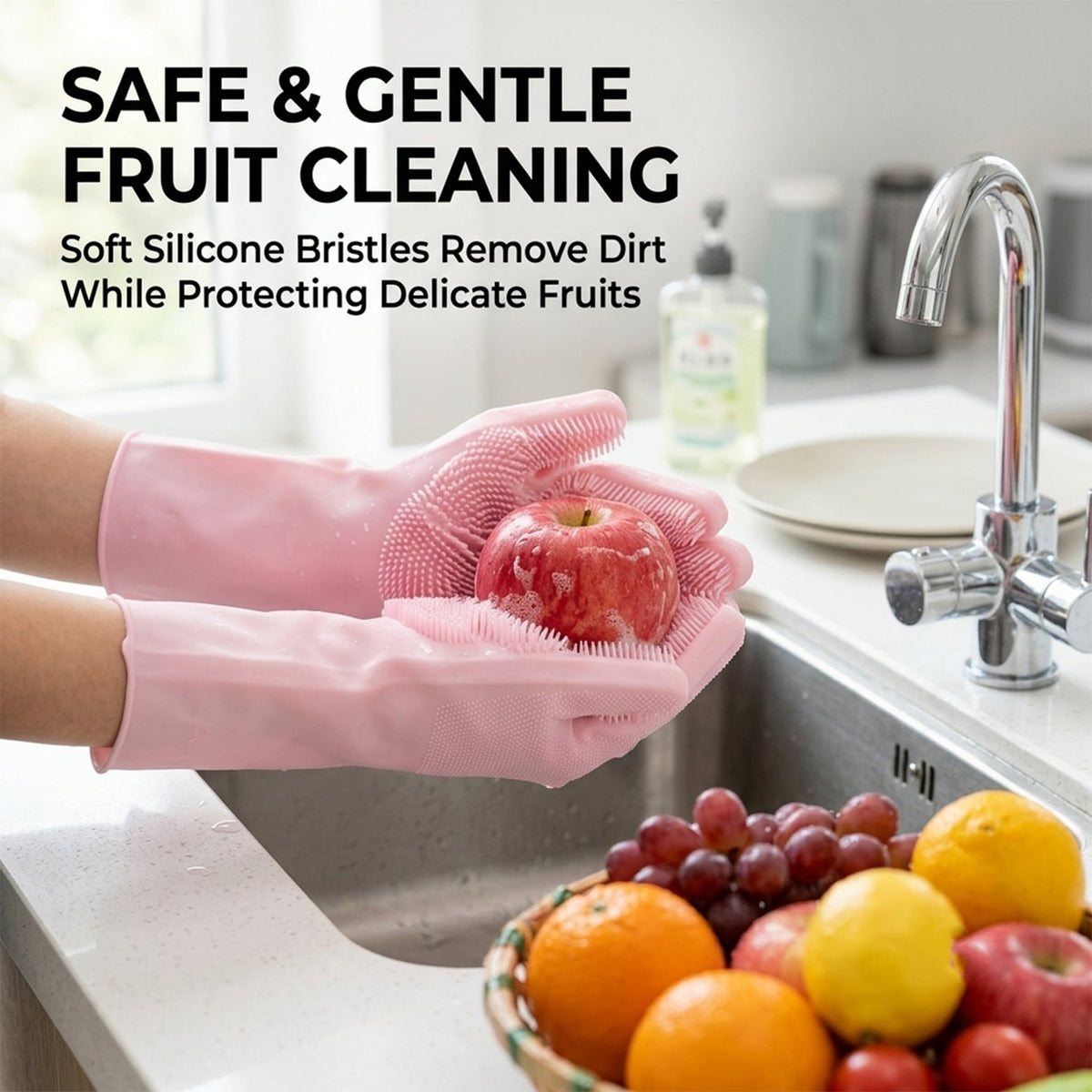 Hands in pink silicone scrubbing gloves gently cleaning a red apple under running water in a kitchen sink, with a fruit