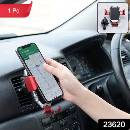 A car vent phone holder in red and silver, with a phone showing a map, and an inset of the product.