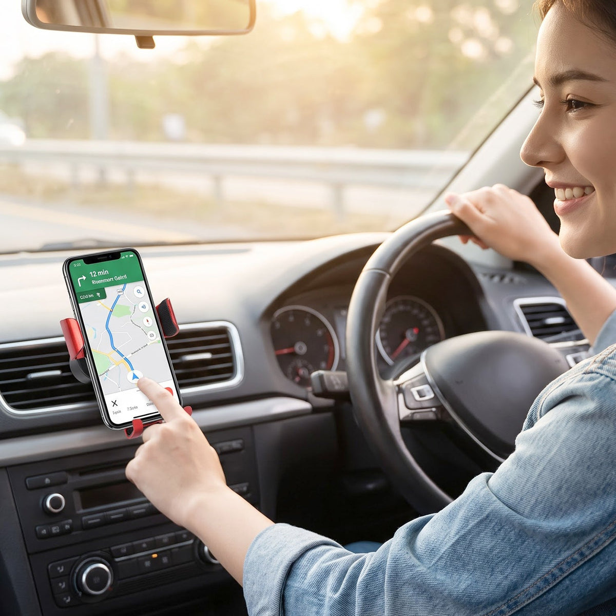 A smiling person drives, adjusting a smartphone in a red and silver car vent holder, displaying a map.