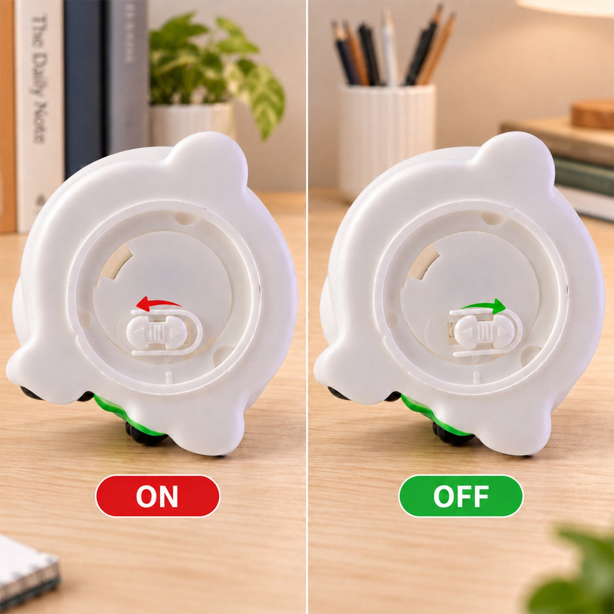 Bottom view of the panda night light showing the battery compartment and the on/off switch with red and green indicators.