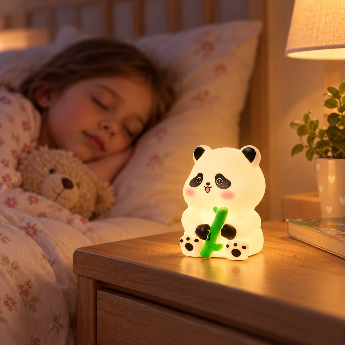 Softly glowing panda night light on a bedside table, with a sleeping child and a teddy bear in the background.