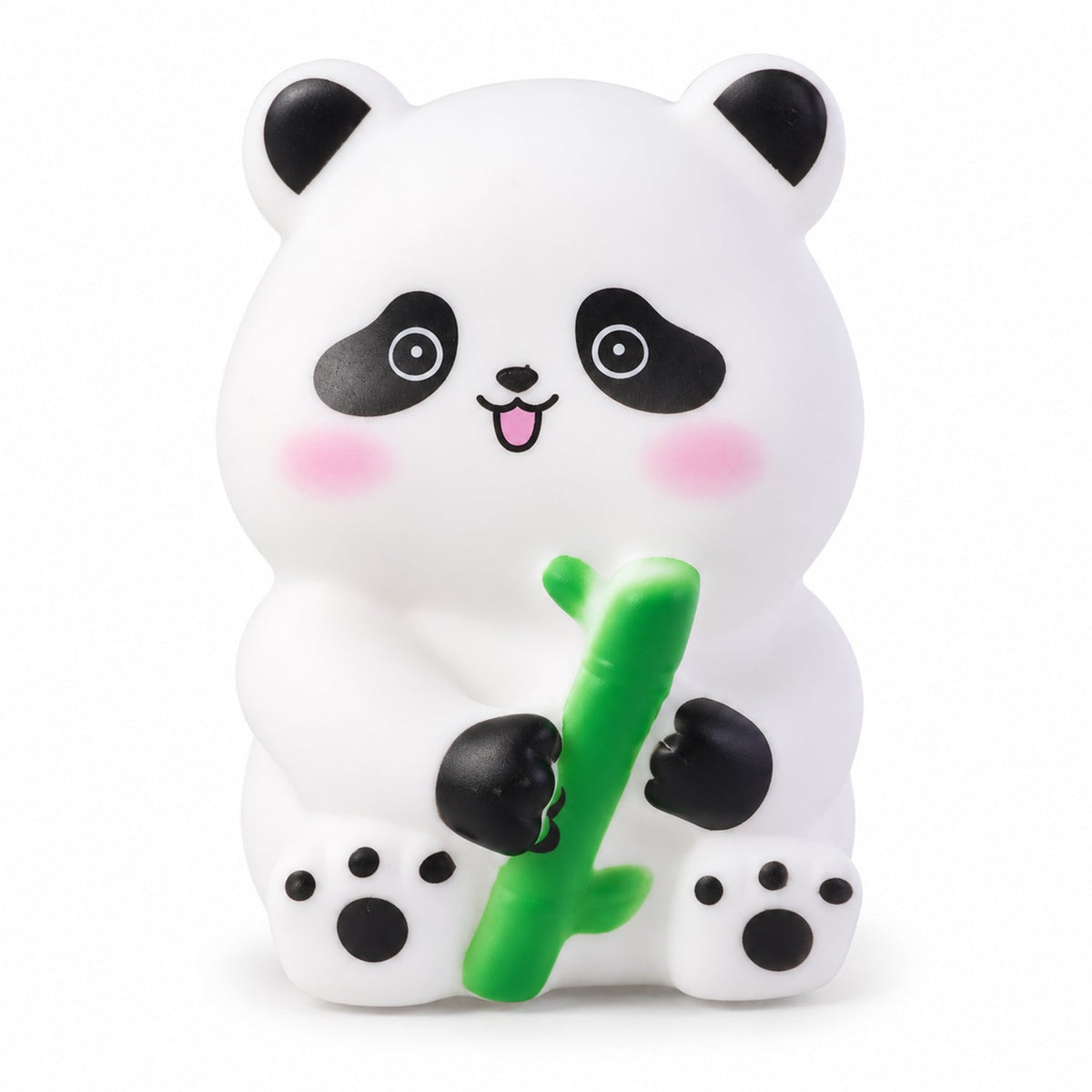 Front view of the white panda night light with black features, pink cheeks, and a green bamboo stalk against a white