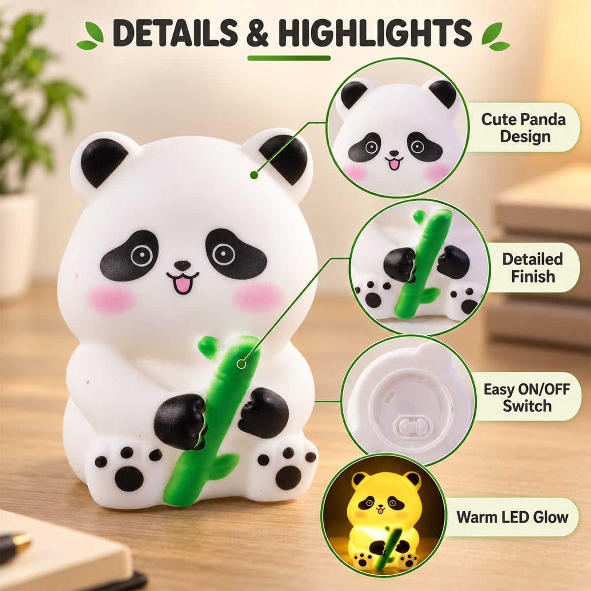Panda night light with highlighted features: cute design, detailed finish, easy on/off switch, and warm LED glow.