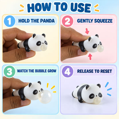 Four images demonstrate how to use the panda toy: hold, squeeze, watch bubble grow, and release to reset.
