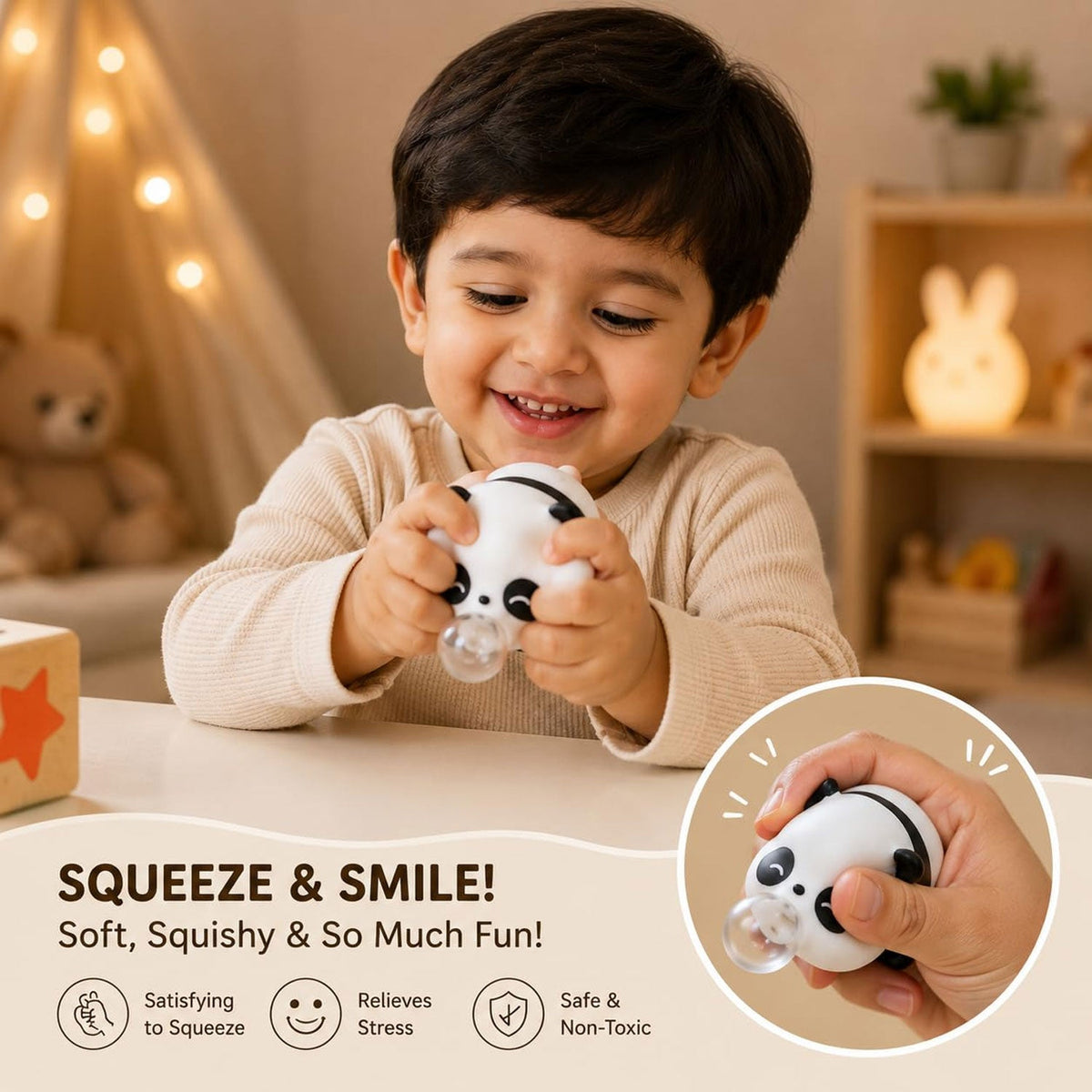 A smiling child holds the panda squishy toy, its bubble visible, with a hand squeezing it shown in an inset.