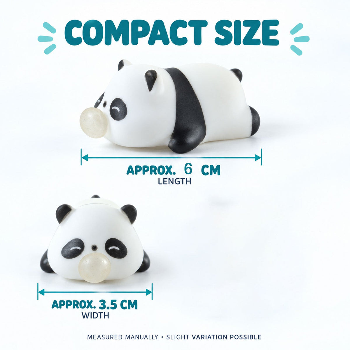 Two views of the panda squishy toy show its approximate length of 6 cm and width of 3.5 cm.