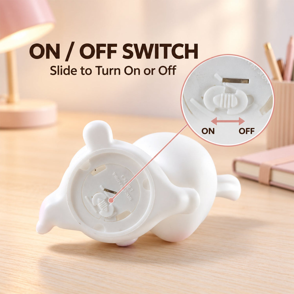 Reclining rabbit night light in a bedroom setting