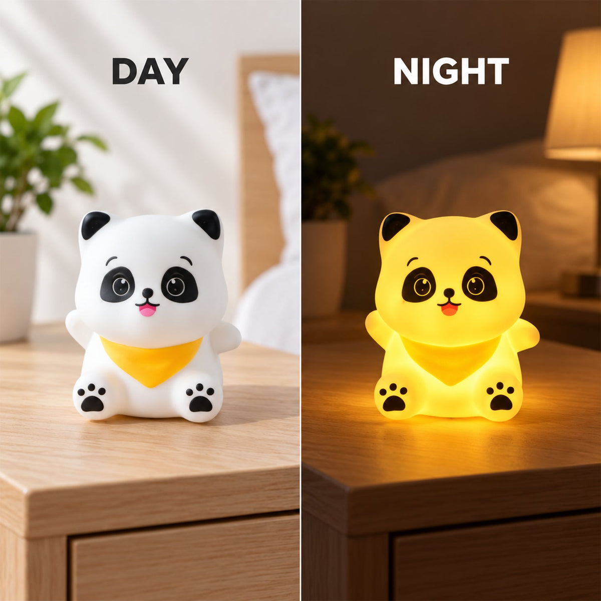 A split image shows the panda night light unlit on a table during the day and glowing at night.