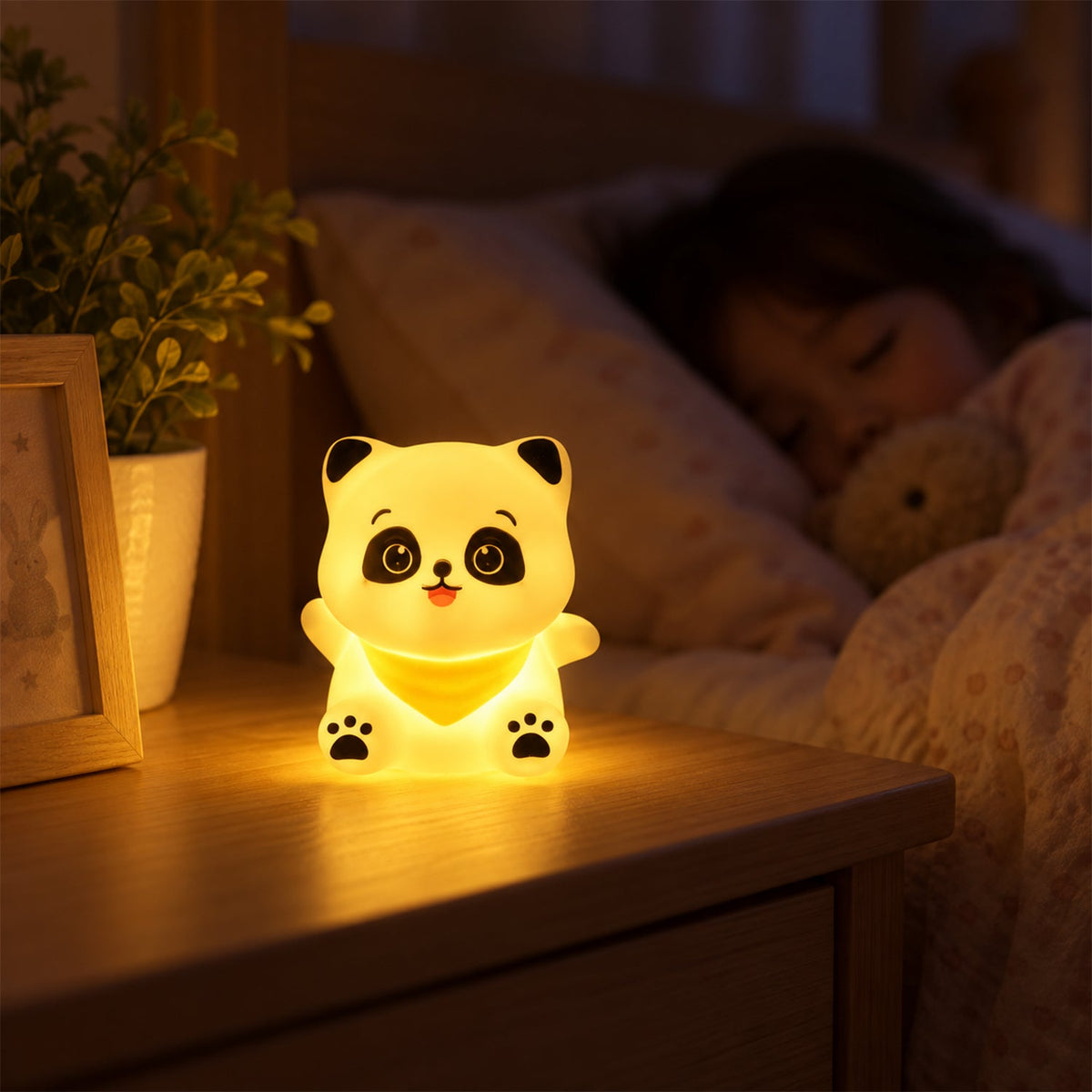 A glowing panda night light on a bedside table with a sleeping child in the background.