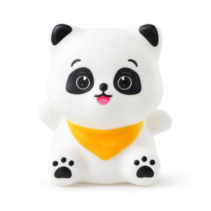 A white panda-shaped night light with black ears, eyes, and paw prints, wearing a yellow bandana.