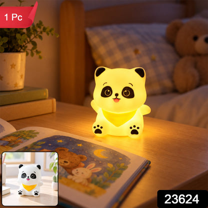 A glowing panda night light on a bedside table with a book, plant, and a small inset image of the light off.