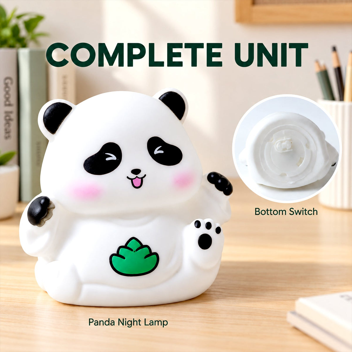 A white panda night lamp with a green leaf design, showing its bottom switch detail.