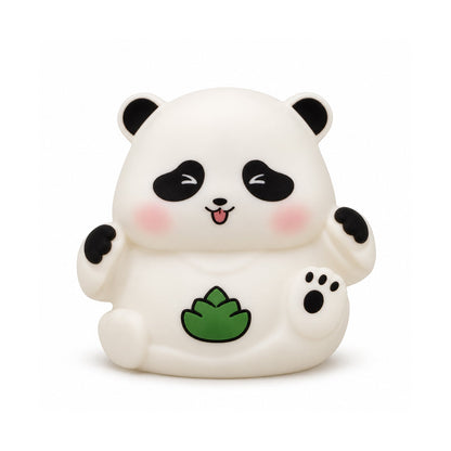 A white panda night light with black ears, eye patches, and paws, featuring a green leaf on its belly.