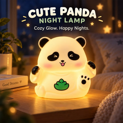 A white panda night lamp on a wooden surface, with soft lighting and blurred background elements.
