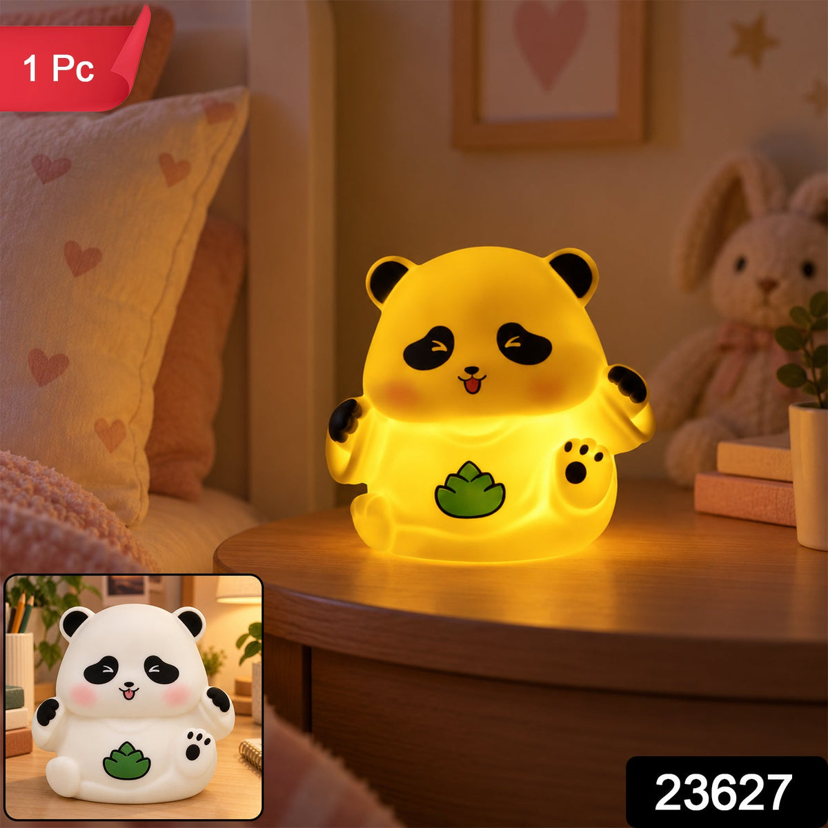A vibrant yellow panda night light illuminates a dark room, with a smaller white version in the corner.