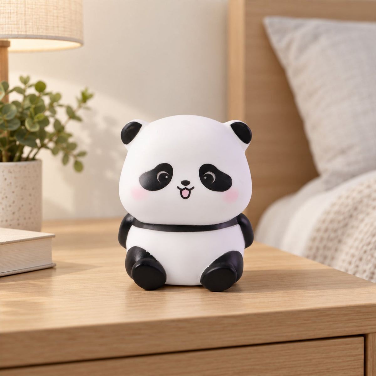 A panda night light sits unlit on a wooden bedside table next to a green plant and a lamp.