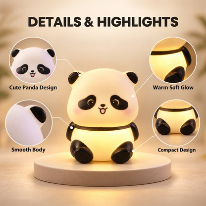 A glowing panda night light on a pedestal with callouts highlighting its cute design, warm glow, smooth body, and compact