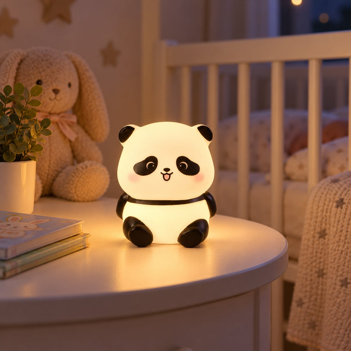 A glowing panda night light sits on a white bedside table next to a stuffed bunny and a plant.