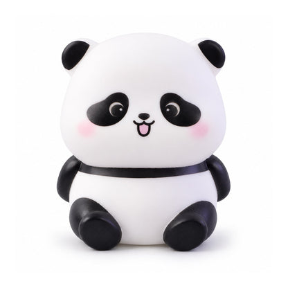 A front view of the panda night light, unlit, with black ears, eye patches, and limbs, and pink cheeks.