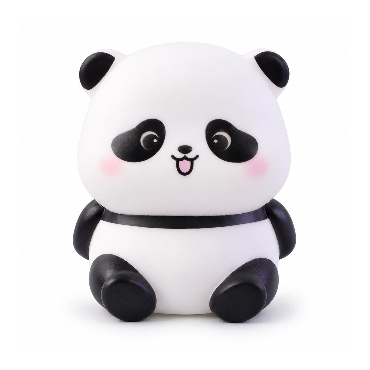 A front view of the panda night light, unlit, with black ears, eye patches, and limbs, and pink cheeks.