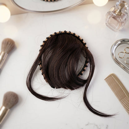 Woman styling her hair with synthetic clip-in bangs headband