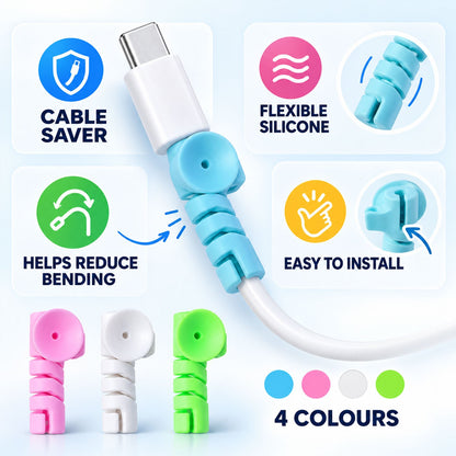 A blue cable protector on a white charging cable, highlighting its cable saver, flexible, and easy-to-install features.