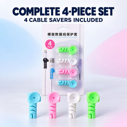 A complete 4-piece set of cable savers, with the retail package and four individual protectors displayed.