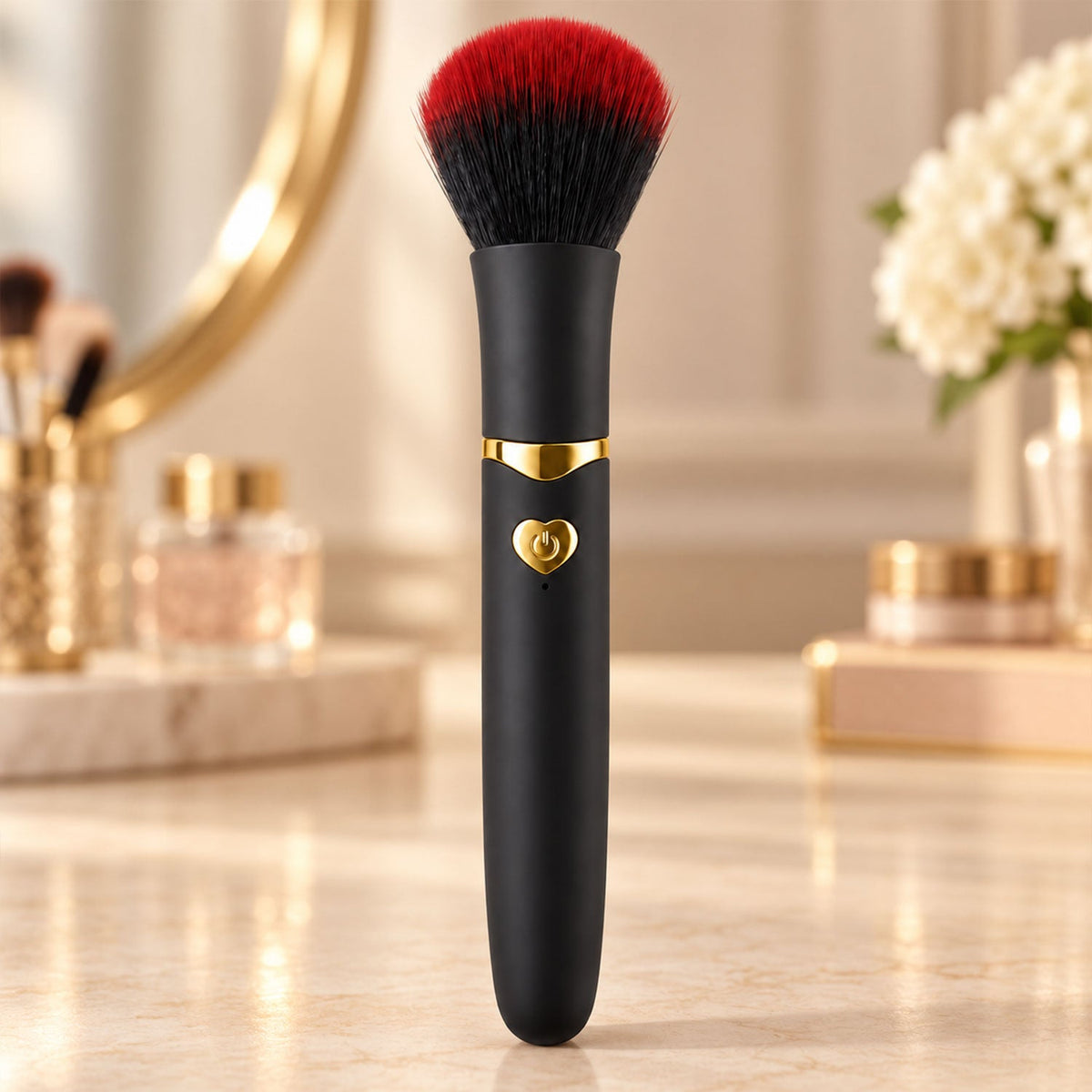 Four panels show how to use the brush: charging via USB, applying foundation, pressing the power button, and blending makeup.
