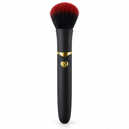A black and red makeup brush is displayed with measurements indicating a length of 15 cm and a brush head width of 3 cm.
