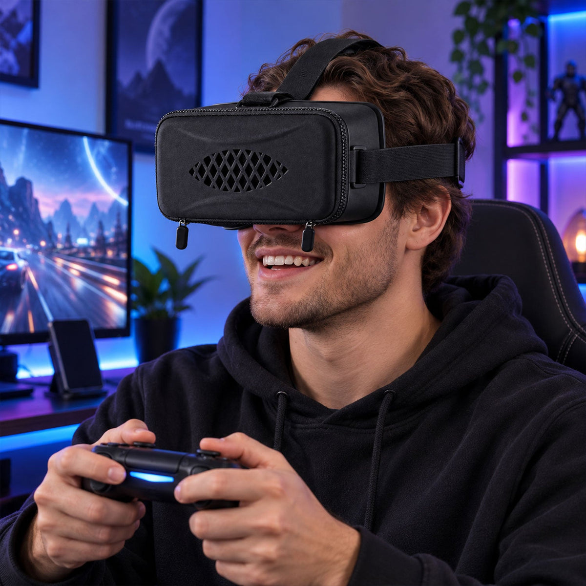 A smiling man wearing a black VR headset and holding a game controller in a blue-lit room.