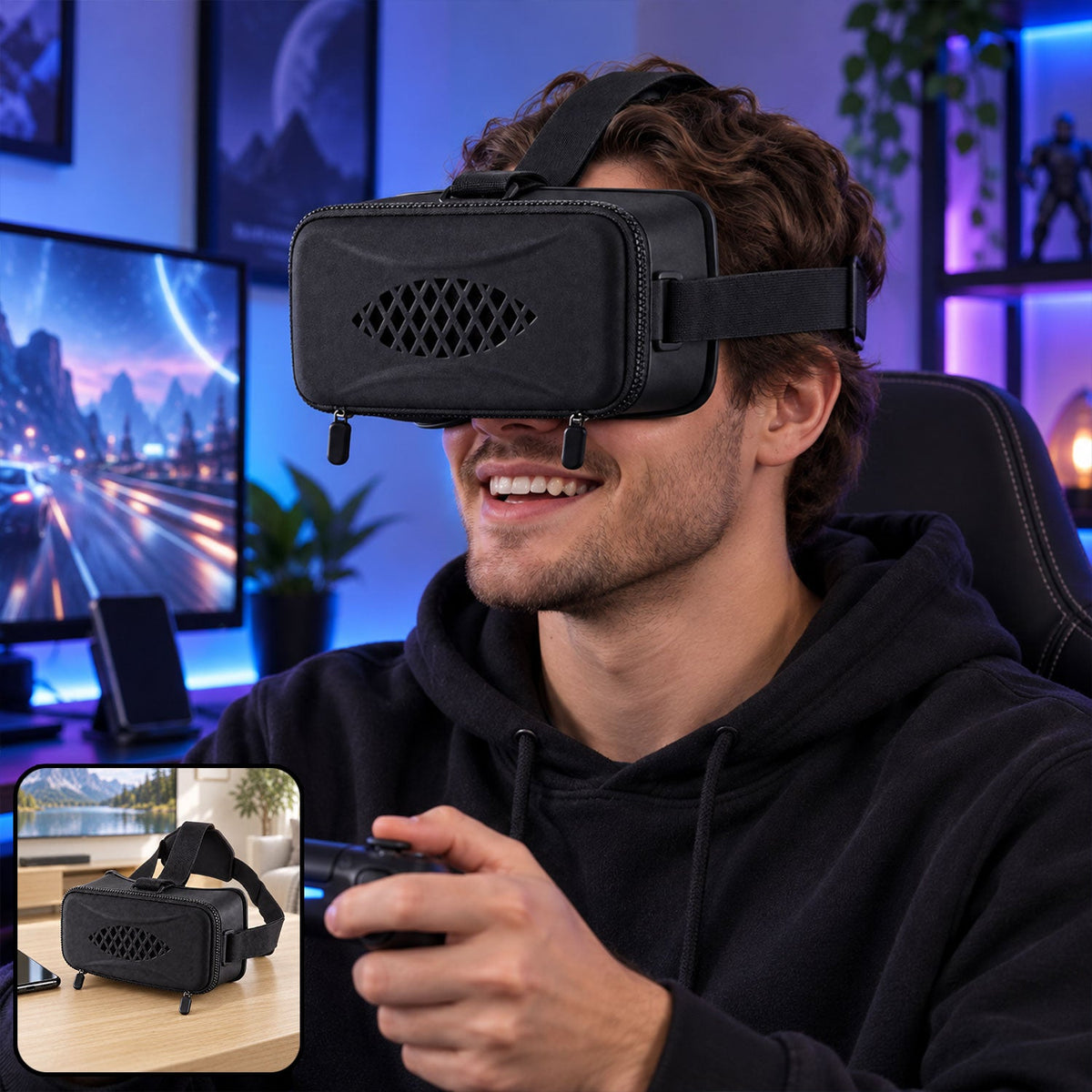 A man wearing a black VR headset and holding a controller, with a small inset image of the headset.