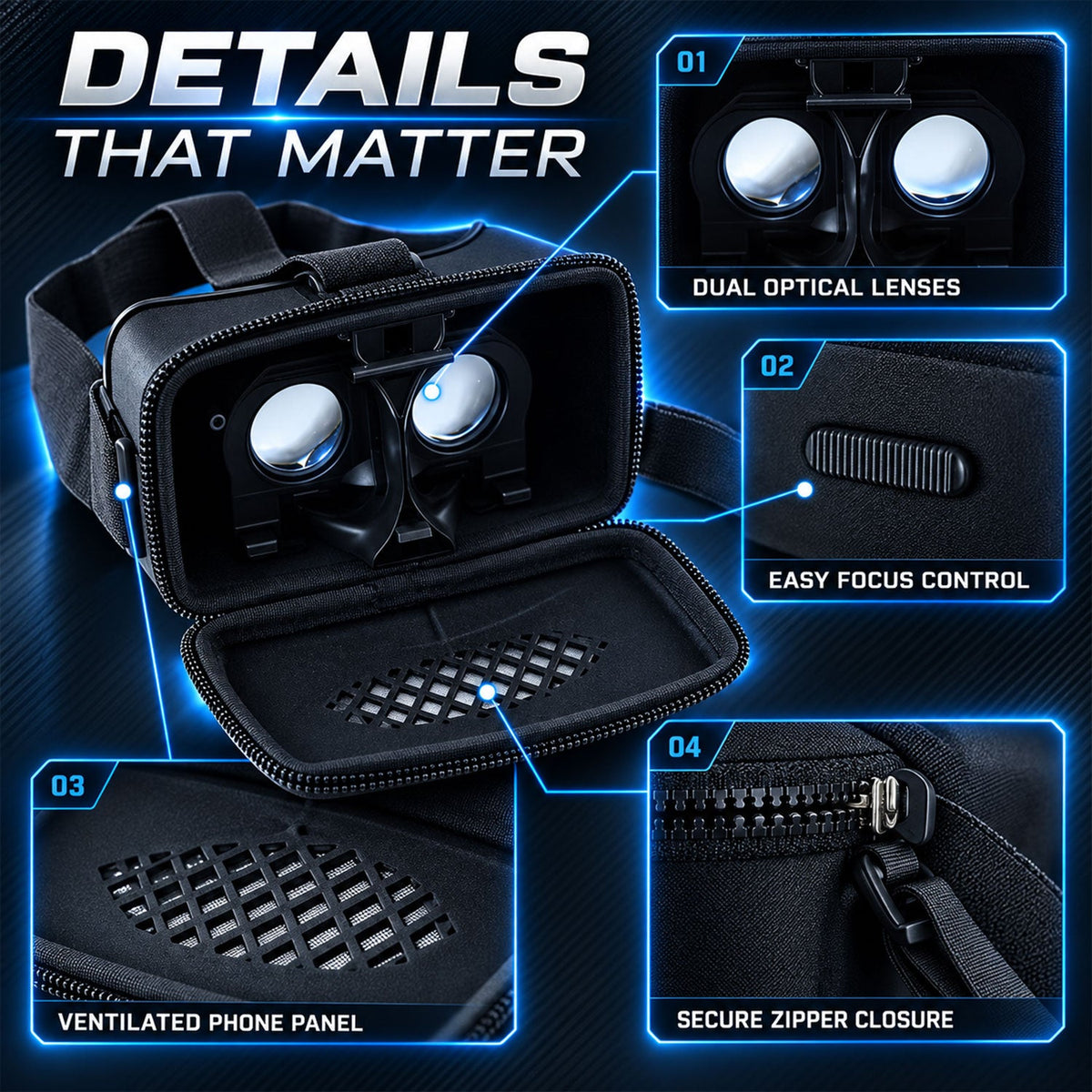 An open black VR headset revealing dual optical lenses, focus control, and a ventilated phone panel.