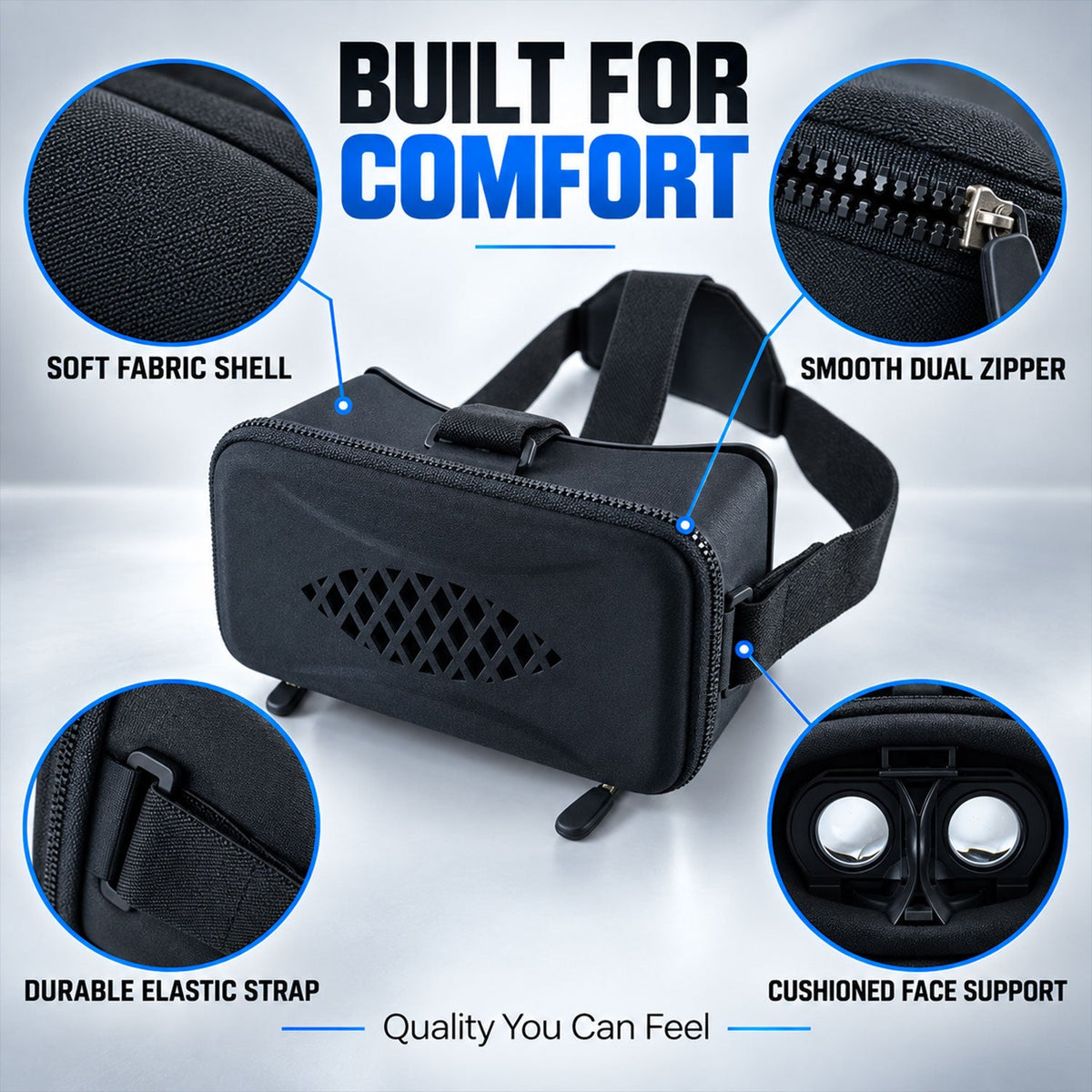 A black VR headset highlighting its soft fabric shell, smooth zipper, and cushioned face support.