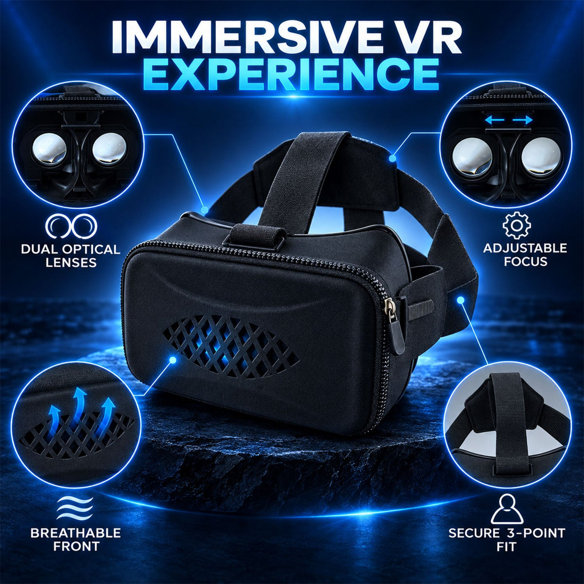 A black VR headset showcasing dual lenses, adjustable focus, and a breathable front panel.