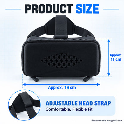 A black VR headset with approximate dimensions of 19 cm width and 11 cm height shown.